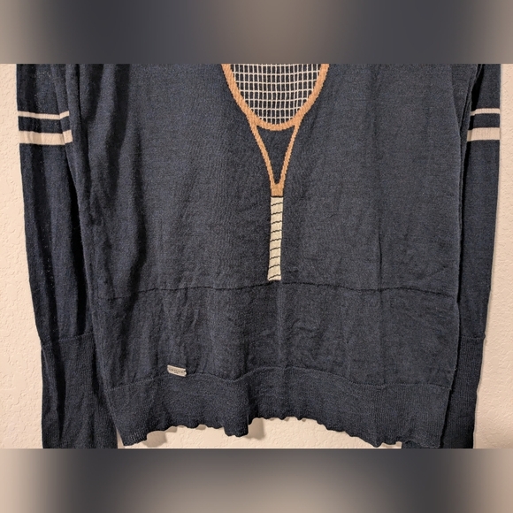 L'etoile Sport Navy Blue Stripe 100% Merino Wool Crewneck Tennis Racquet Sweater - Picture 9 of 13